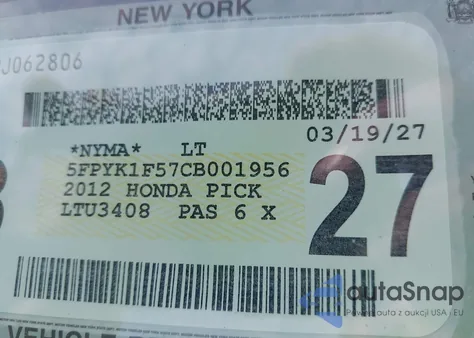 2012 Honda Ridgeline Rtl из США, поврежденный, VIN 5FPYK1F57CB001956